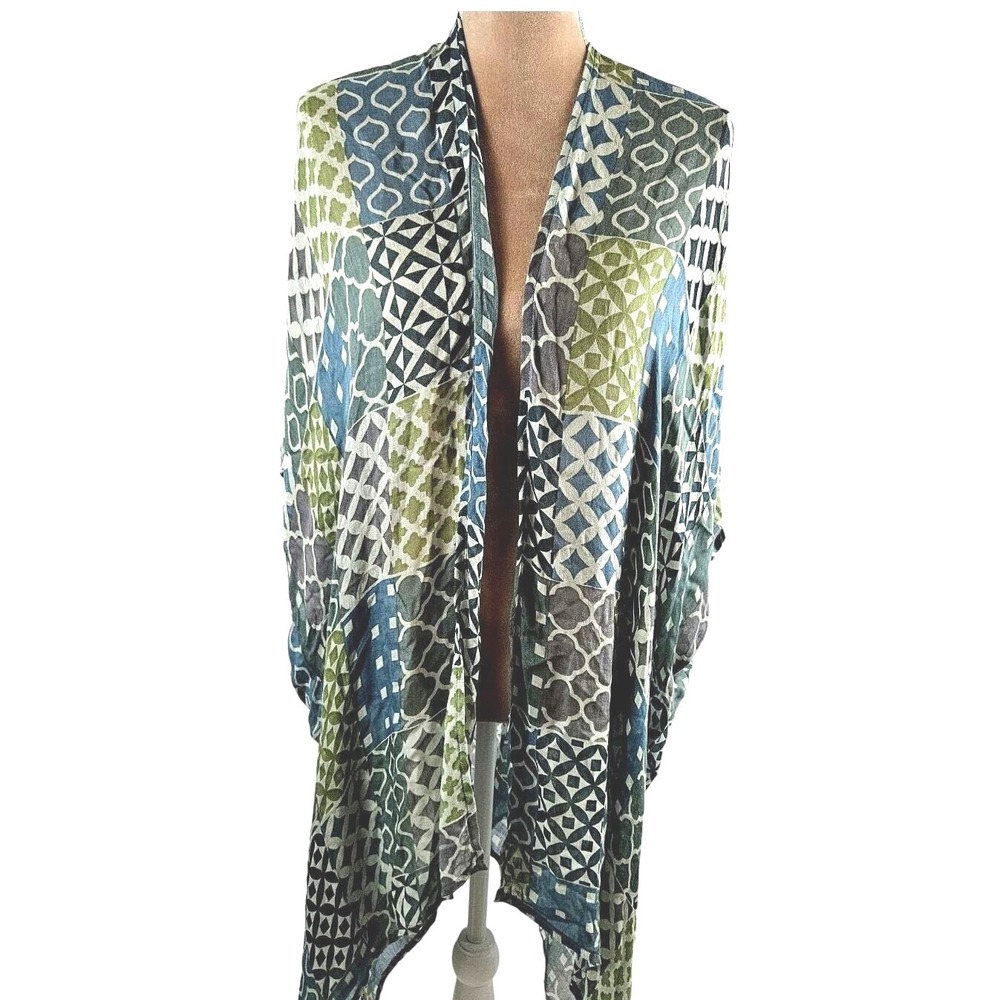 Vivante Kimono Cardigan Womens One Size Blue Green Patchwork Geometric Coastal